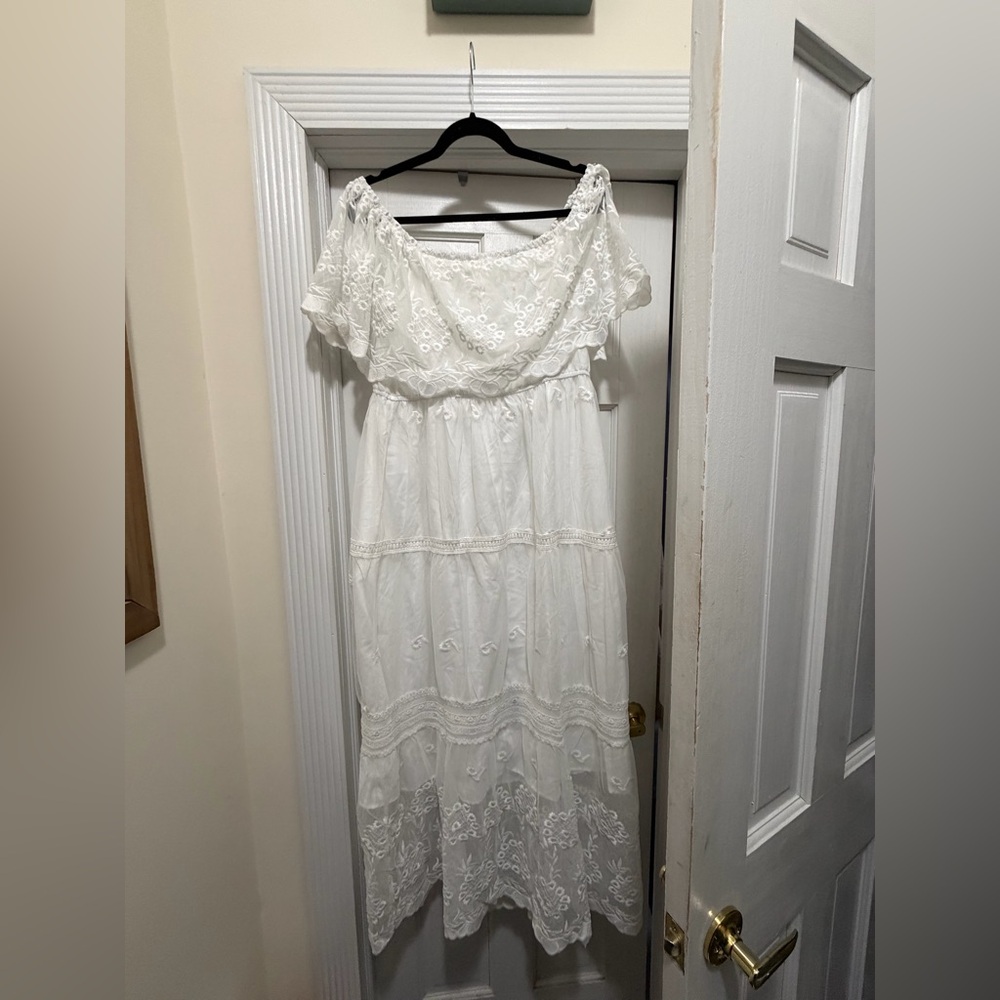 Boho Off-Shoulder White Embroidered Maxi Dress